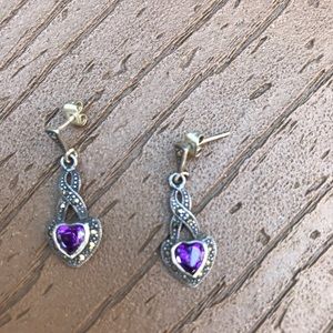 Silver purple amethyst heart drop earrings